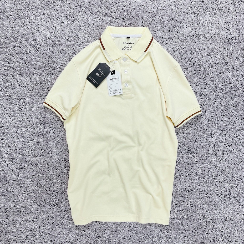 Áo polo nam cao cấp vải cotton dệt kim màu kem co dãn 4 chiều, Phối viền nâu sang trọng lịch lãm A03 - ZONADO | BigBuy360 - bigbuy360.vn
