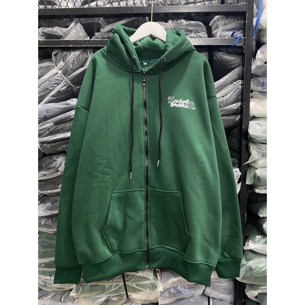 Áo Nỉ HOODIE ZIP UNDER BROKEN màu XANH LÁ, Áo khoác hoodie dây kéo unisex nam nữ form rộng oversize, Nỉ bông cao cấp