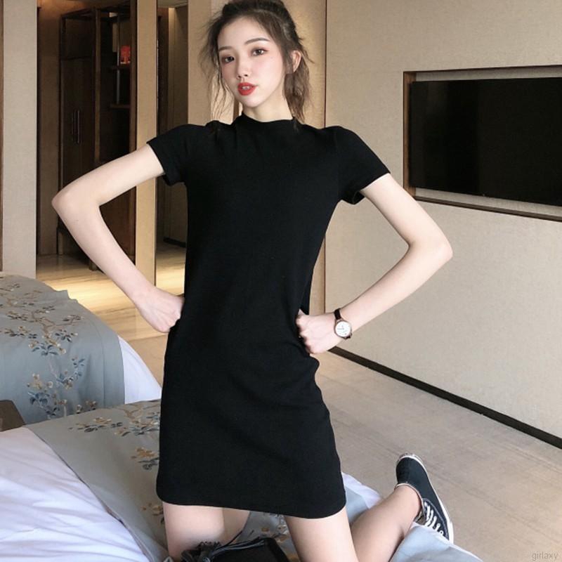 Đầm Body Tay Ngắn Cổ Tròn Màu Trơn Phong Cách Hàn Quốc