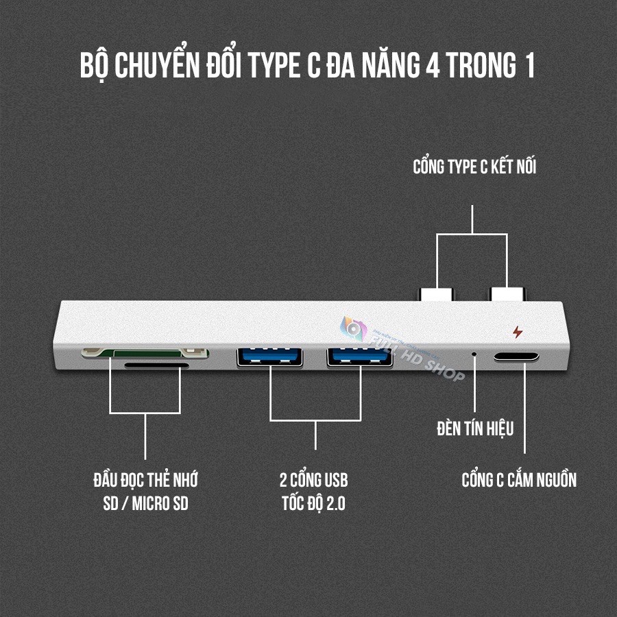 Cổng Chuyển Đổi Type C Sang USB/Đầu Đọc Thẻ Cho Macbook/Surface Phụ Kiện Macbook Chia Cổng USB 4 trong 1 Mã HD18