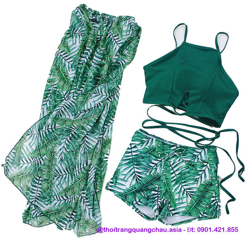 (Hàng nhập) Set Bikini 3 món gồm áo + quần + váy choàng #76133 Màu Xanh