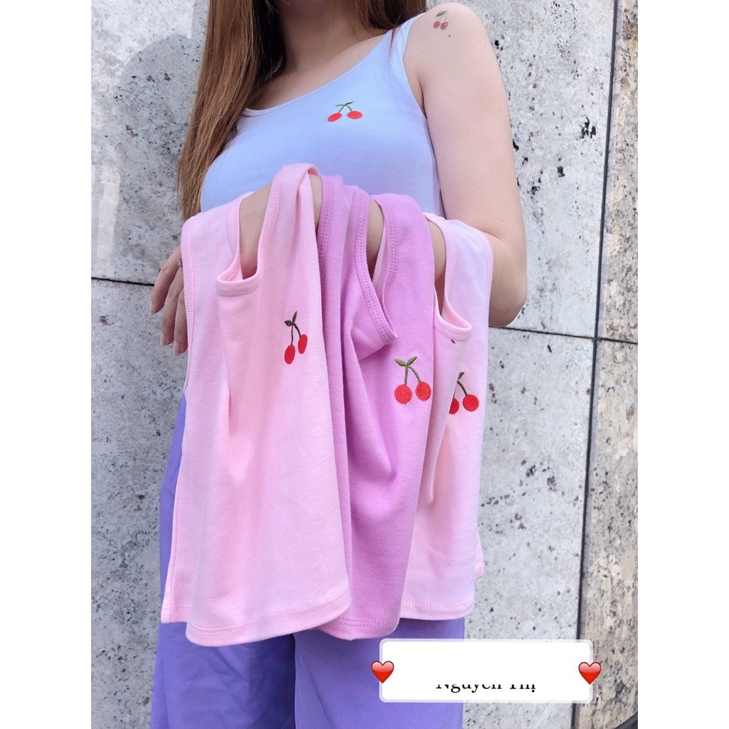 Áo kiểu cọc tay cổ tròn thêu trái cherry xinh xắn siêu xinh xắn