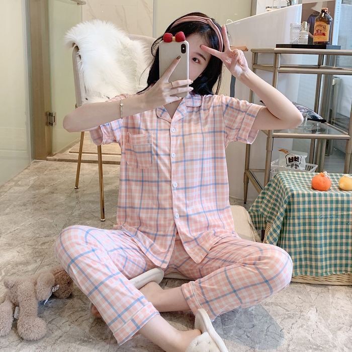 đồ ngủ✉✴net người nổi tiếng pyjama nữ quần dài tay ngắn mùa xuân và hè Kiểu dáng mỏng hoạt hình dễ thương Hàn Qu