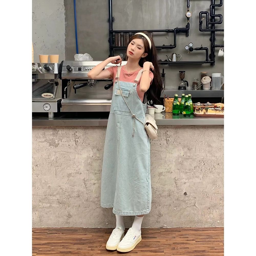 Đầm Yếm Denim Dài Dáng Rộng Phong Cách Preppy Thời Trang Mùa Hè Cho Nữ