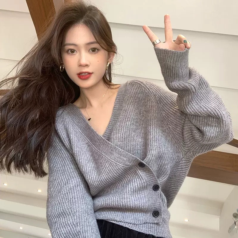 【ZHELIHANGFEI】Áo Khoác Cardigan Dệt Kim Tay Dài Dáng Rộng Cổ Chữ V Dễ Phối Đồ