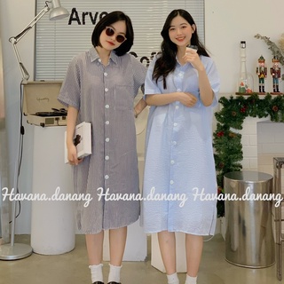 Đầm sơ mi sọc dọc, chất mỏng, chất sơ mi xốp