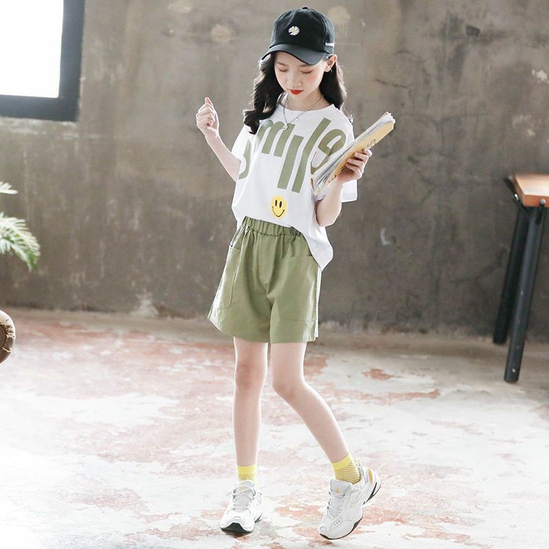 🔥🔥Set Đồ Thể Thao Phối Quần Short Cỡ Lớn Phong Cách Phương Tây Thời Trang Hè 2020 Cá Tính Cho Bé Gái 12 Tuổi