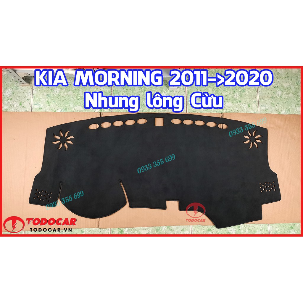 Thảm Taplo KIA MORNING bằng Nhung lông Cừu hoặc Da vân Carbon, Da vân Gỗ