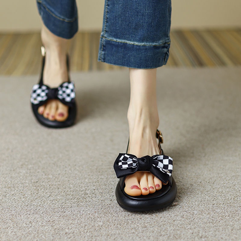 Oeggeo shop Xăng đan Đế Bằng Kẻ Sọc Ca Rô Đính Nơ Có Một Nút Cho Nữ