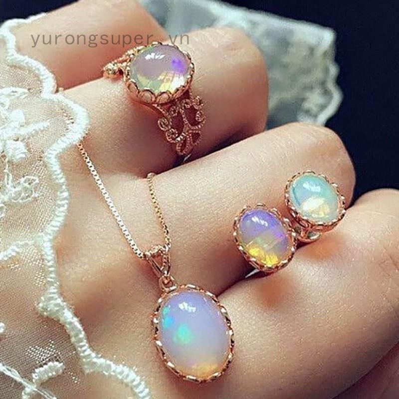 Set dây chuyền và nhẫn và khuyên tai đính đá opal tự nhiên