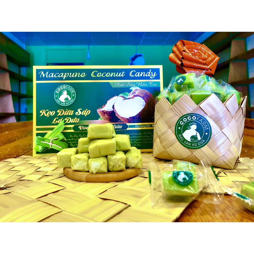 Kẹo Dừa Sáp Cocofarm vị Lá Dứa hộp 500gram