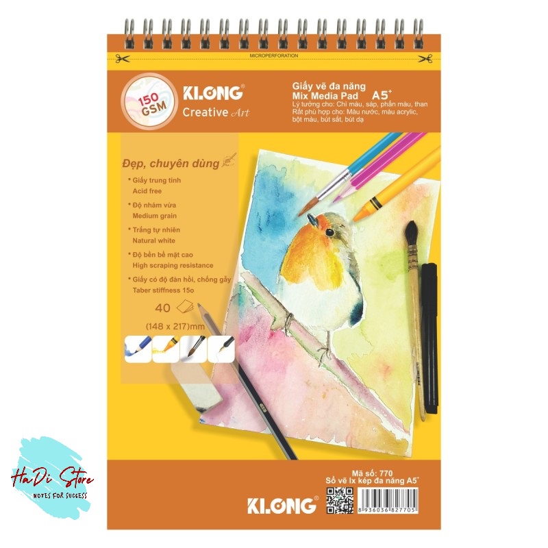 [HADI] KLONG Sổ vẽ lò xo đa năng 150GSM size A5 - 40 tờ (MS:770)