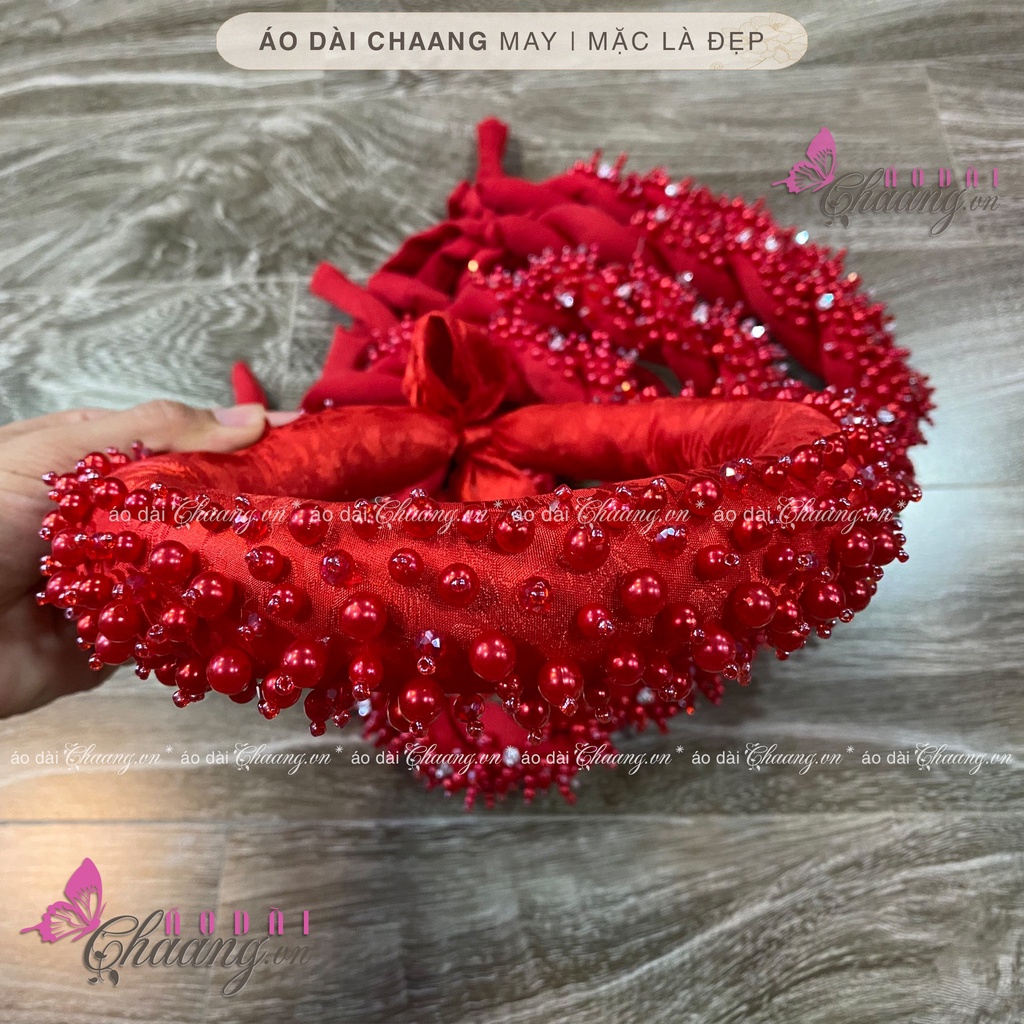 Mấn nhung đội đầu áo dài cách tân nữ truyền thống CHAANG may thiết kế chụp hình dự tiệc cưới lễ tết đẹp ADC924