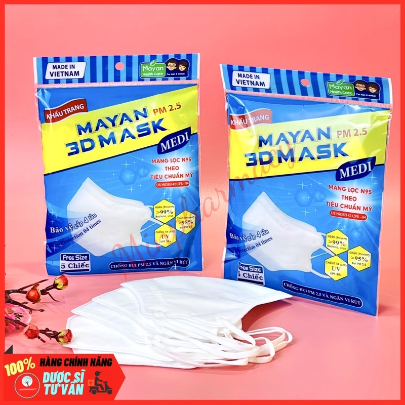 Khẩu Trang MAYAN 3D Mask PM 2.5 MEDI màu trắng túi 5 cái - Minpharmacy