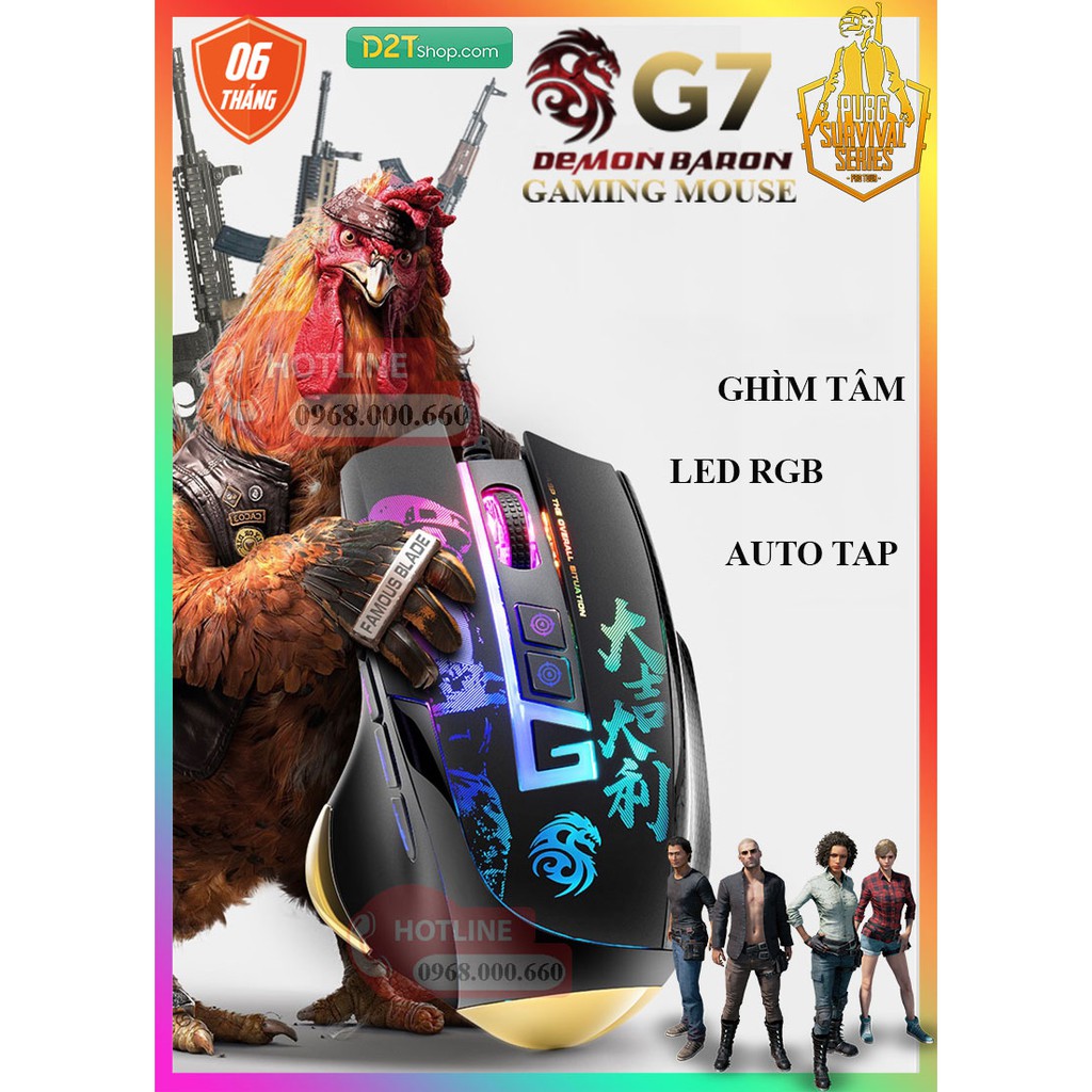 Chuột gaming G7 V3 Demon Baron | Hỗ trợ ghìm tâm PUBG, Led RGB 11 nút Autotap, ghìm tâm PUBG trên Mobile, PC, BH 6 tháng
