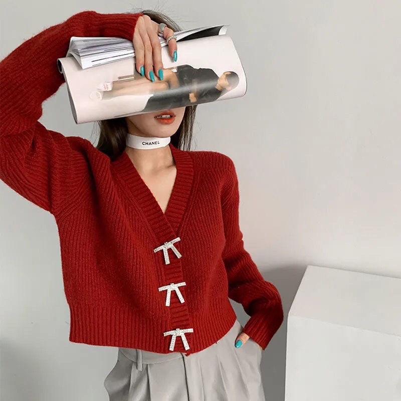 Áo Cadigan Khoác Ngoài Dài Tay Cài Nơ Bling Bling Chất Len Thỏ Loại 1 Dày Dặn, Áo Khoác Len Thu Đông Phong Cách Hàn Quốc