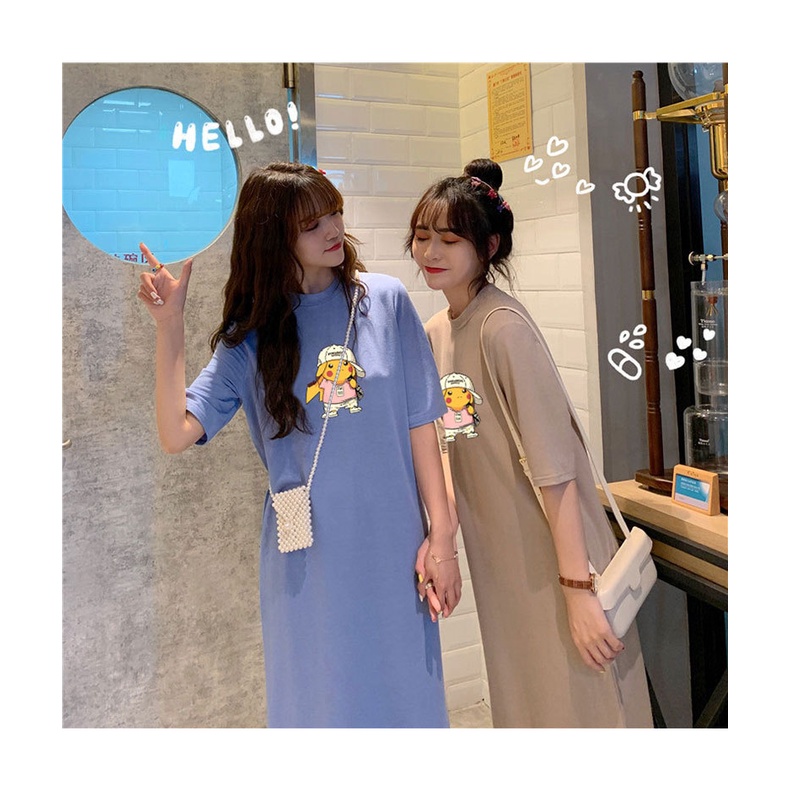 Đầm Suông Váy Suông Form Rộng In Hình Pikachuuuu Chất Chơi Dáng Dài Tay Ngắn Tà Xẻ Tinh Tế TTDS0337