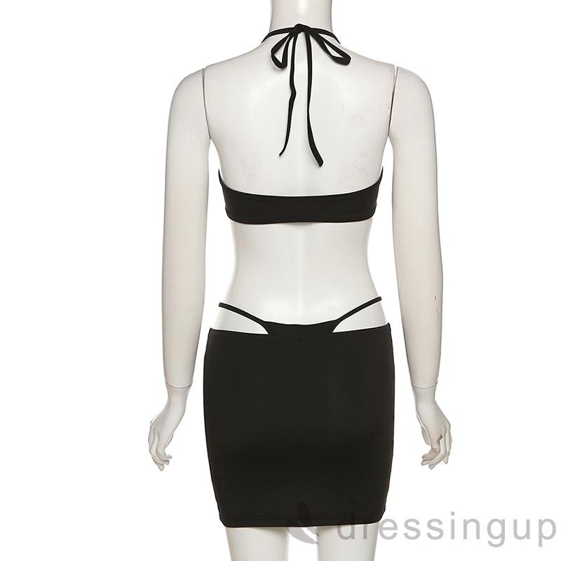 DRE-Women´s Three-Piece Clothes Outfit, Halterneck Sleeveless Hollow Out Tops + Thong + Skirt