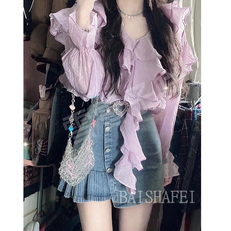 Set Áo Sơ Mi Tay Dài Phối Bèo Và Chân váy jean Lưng Cao Thời Trang Mùa Hè Mới Cho Nữ