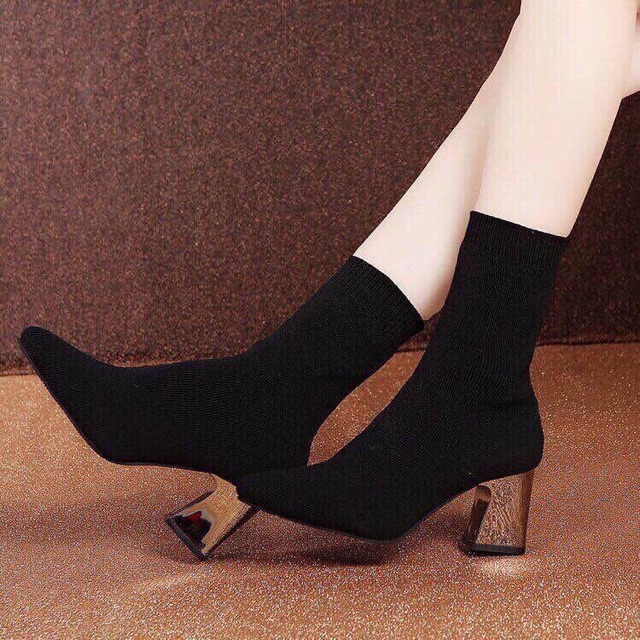 Bốt len gót tráng gương cao cổ gót nghiêng siêu hot