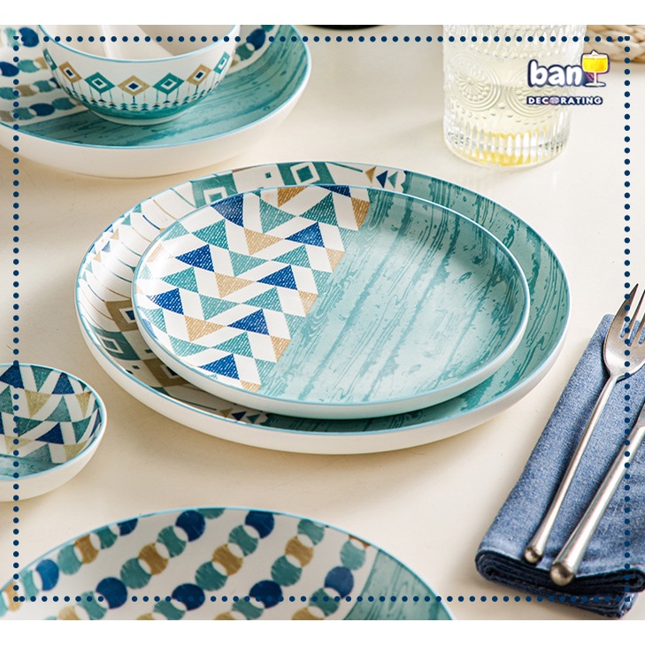 Bộ chén bát hoa văn màu xanh boho