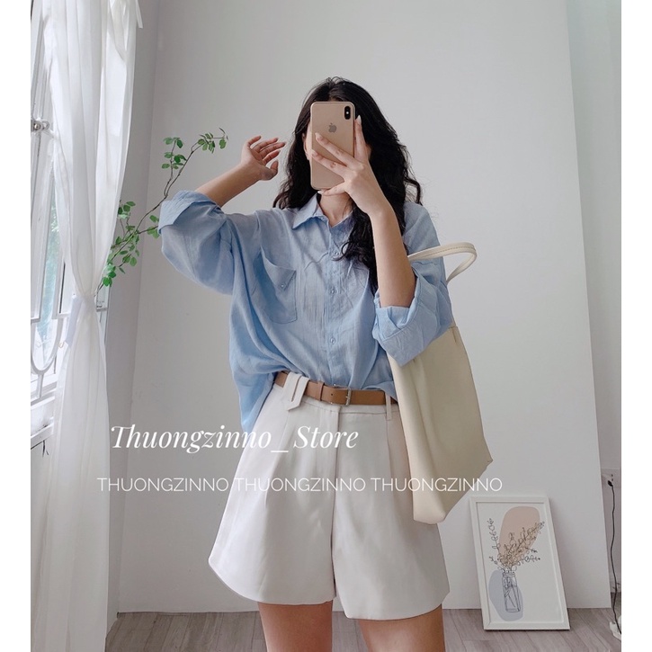 [Ảnh thật/Video]Áo sơ mi lụa đũi thiết kế nắp túi cách điệu siêu xinh