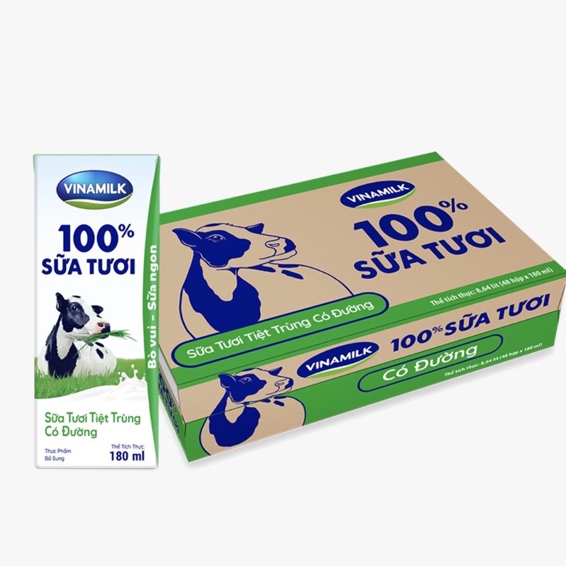 Thùng 48 Hộp Sữa tươi tiệt trùng Vinamilk Có Đường - 180ml x 48 hộp ( Giá trừ KM )