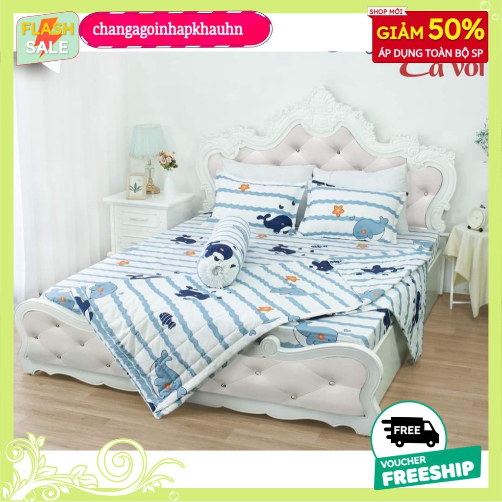 Bộ Chăn Hè Ga Gối 4 Món 1M8X2M,Lựa Mẫu Thoải Mái[mẫu cá voi trắng]