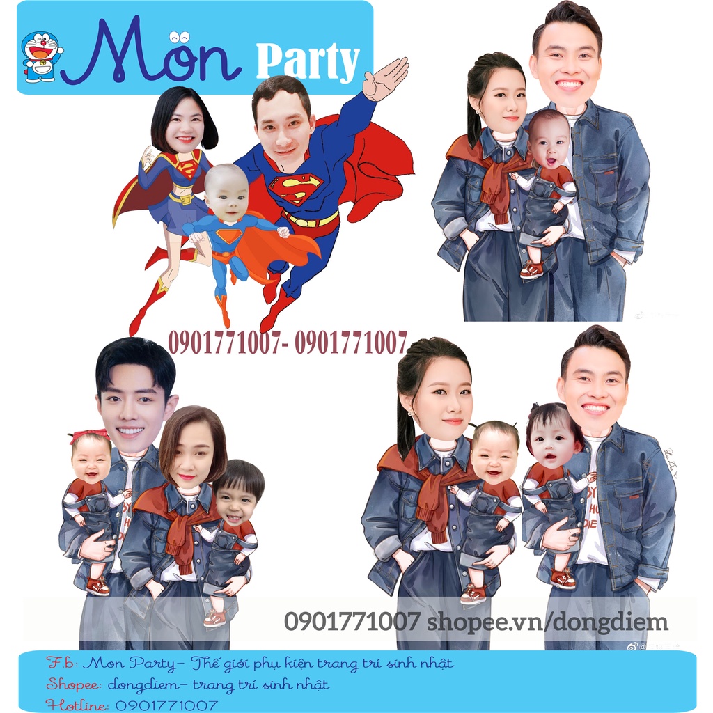 Hình Chibi gia đình trang trí sinh nhật, trang trí thôi nôi đẹp miễn phí thiết kế theo yêu cầu