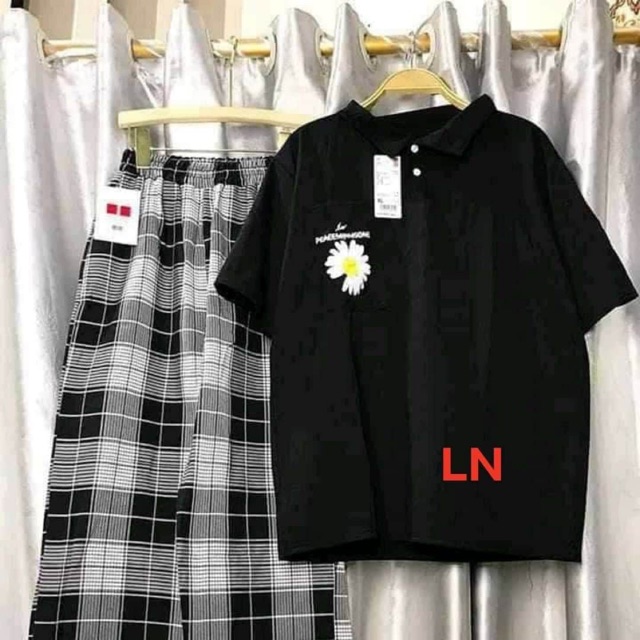 Sét polo hoa cúc tia sét+ quần kẻ LN12