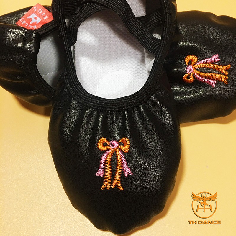 Giày múa bale cho bé - Giày múa da màu đen thêu nơ KDH02
