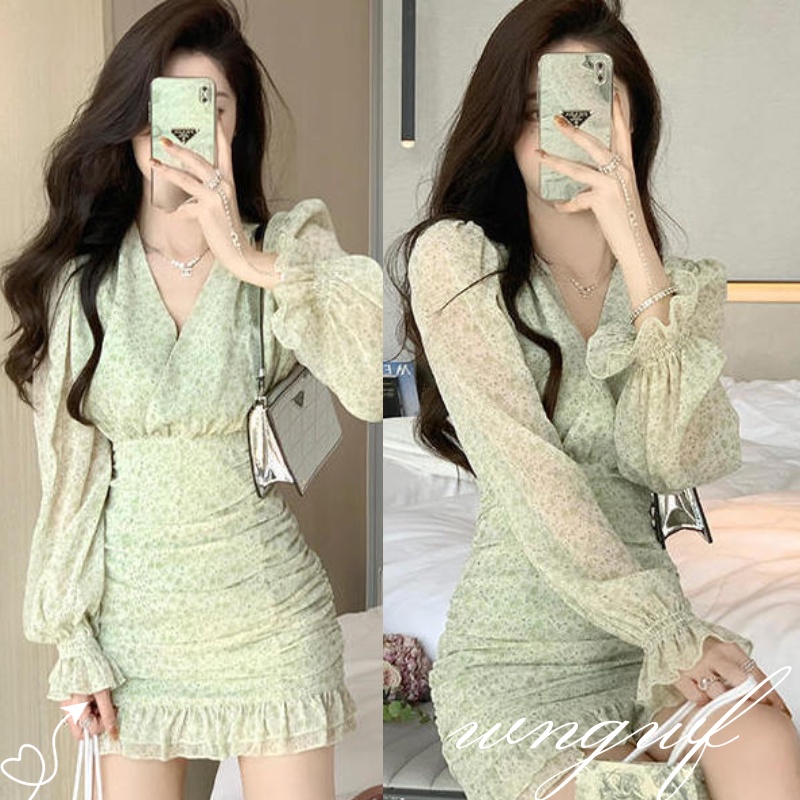 Đầm Hoa Đuôi Cá Ngắn Cổ Chữ v Tay Dài Ôm Eo Thời Trang Mùa Hè Cho Nữ