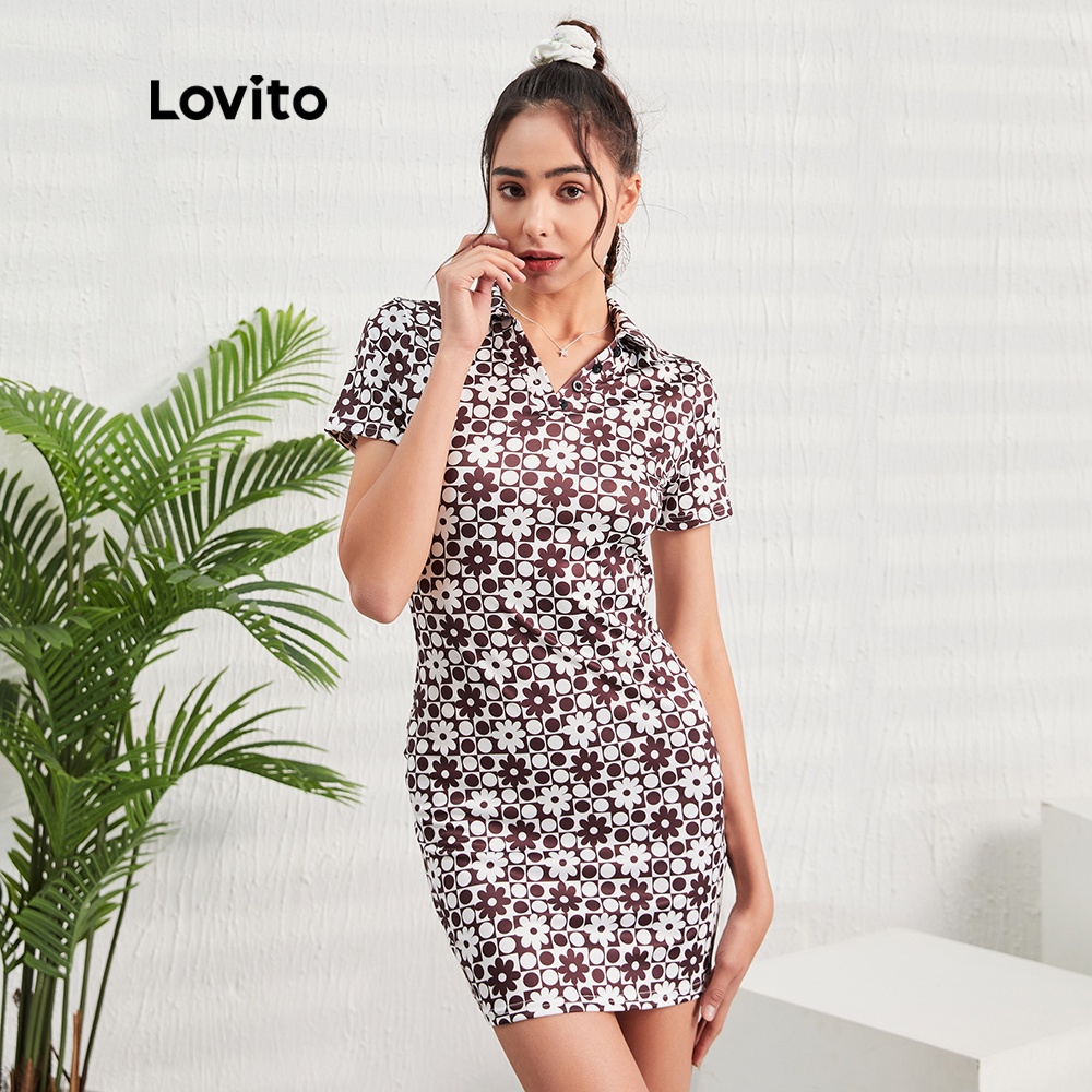 Lovito Đầm cổ polo ôm dáng in họa tiết hoa L07134