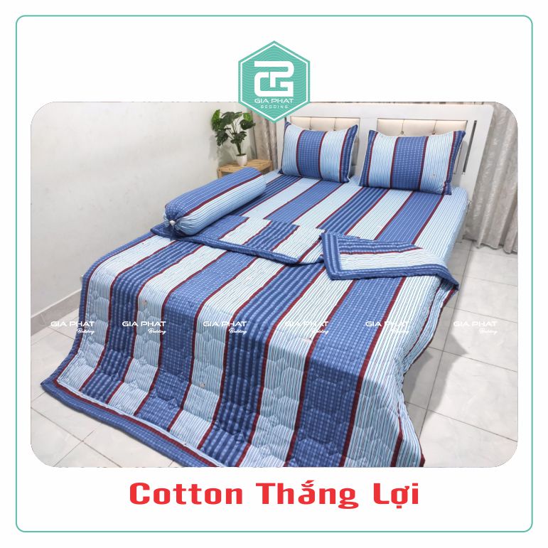 Bộ ga gối Thắng Lợi {4 món}100% Cotton chuẩn logo họa tiết Sọc Chấm