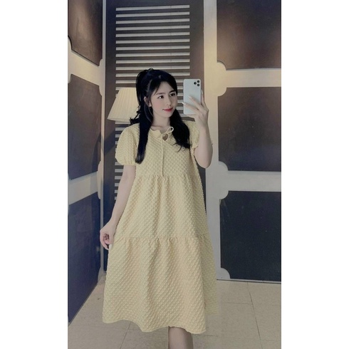 Đầm babydoll buộc nơ chất vải đũi xốp xinh