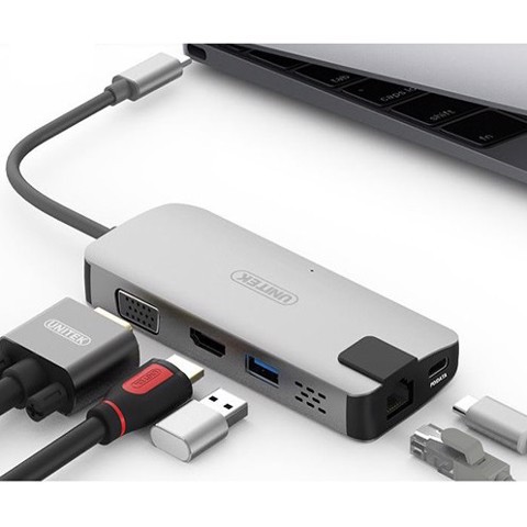 Unitek Y-DK 09016 GY -  Hub USB Type-C To HDMI / VGA / LAN 3 Trong 1 Cao Cấp