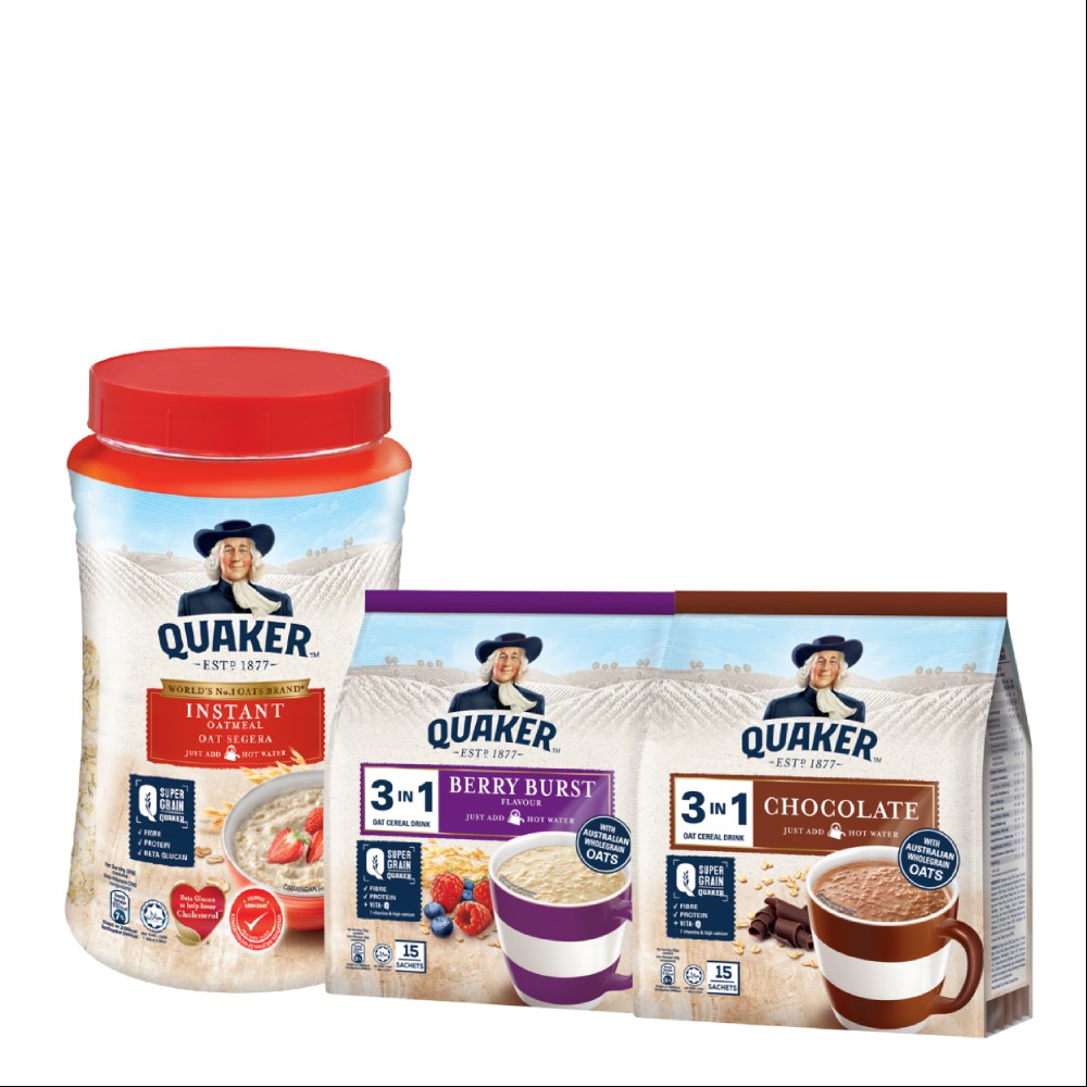 Combo Yến mạch Quaker Hũ 600g và Thức Uống Yến Mạch Quaker 3in1 Berry 450G, Chocolate 420G