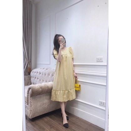 Váy bầu đẹp dáng suông bèo vai đuôi cá váy sọc caro đầm bầu bigsize maternity dress  ྇