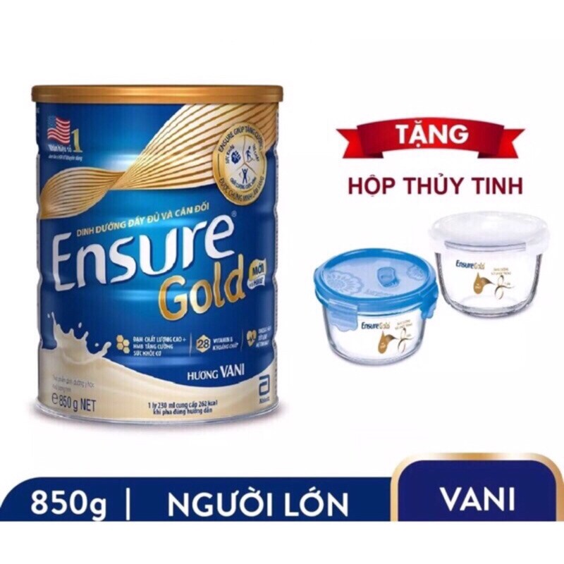 Sữa ensure Gold hương vani/ lúa mạch 850g tặng hộp thuỷ tinh