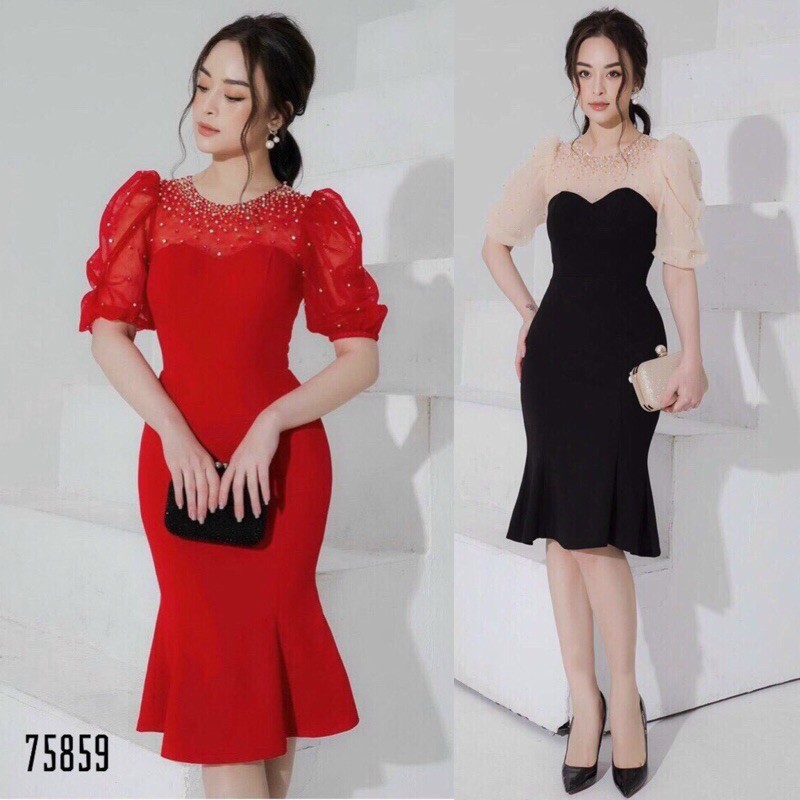 Đầm dự tiệc body đuôi cá phối voan ép đá (Free/big size M-2XL)