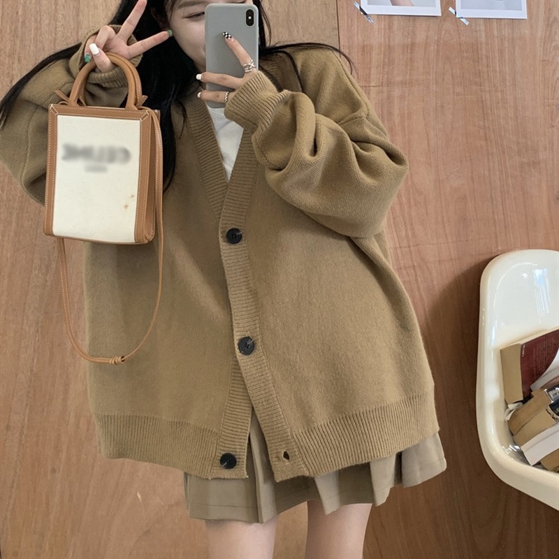 Áo cardigan SUXI dệt kim tay dài cổ chữ V màu sắc thanh lịch