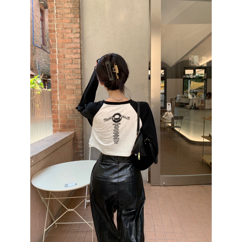 Áo thun dáng lửng tay dài phong cách retro cổ điển dành cho nữ