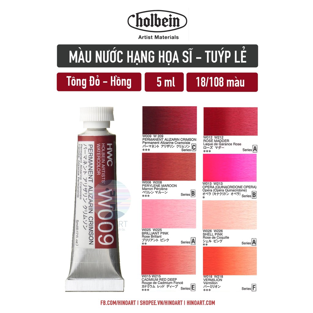 Tông đỏ hồng màu nước 5ml Holbein Artists' Watercolor - tuýp lẻ