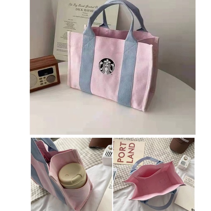 Túi Xách Vải Canvas Cỡ Lớn In Logo Starbucks Đựng Đồ Ăn Trưa Tiện Dụng