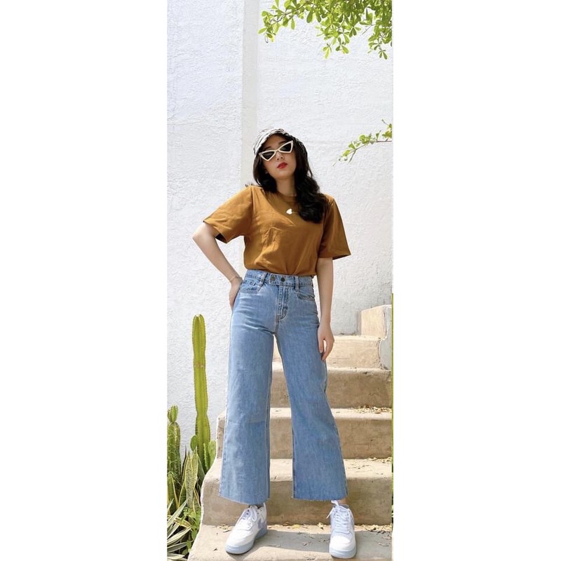 Quần jean ống rộng lai tua 2 nút