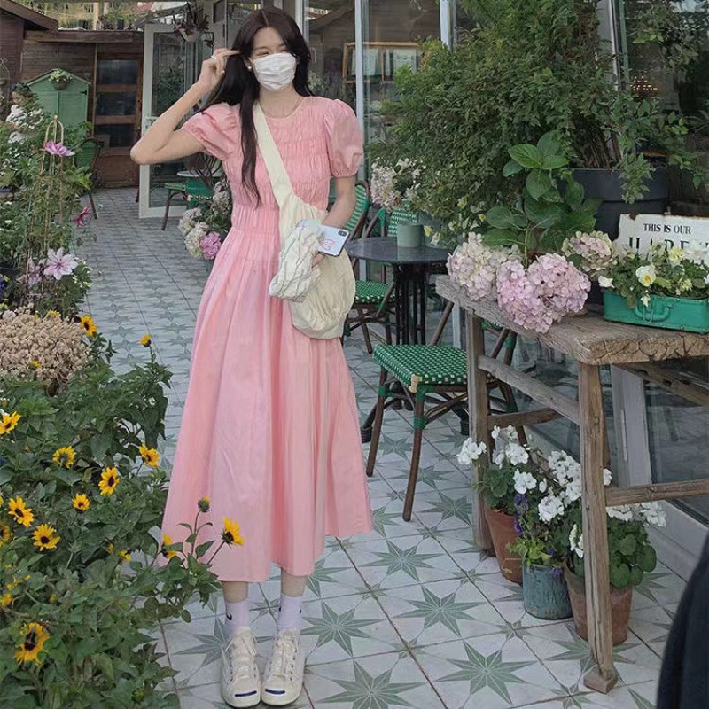 Đầm mỏng IELGY tay ngắn màu hồng/ xanh lam thời trang cho nữ