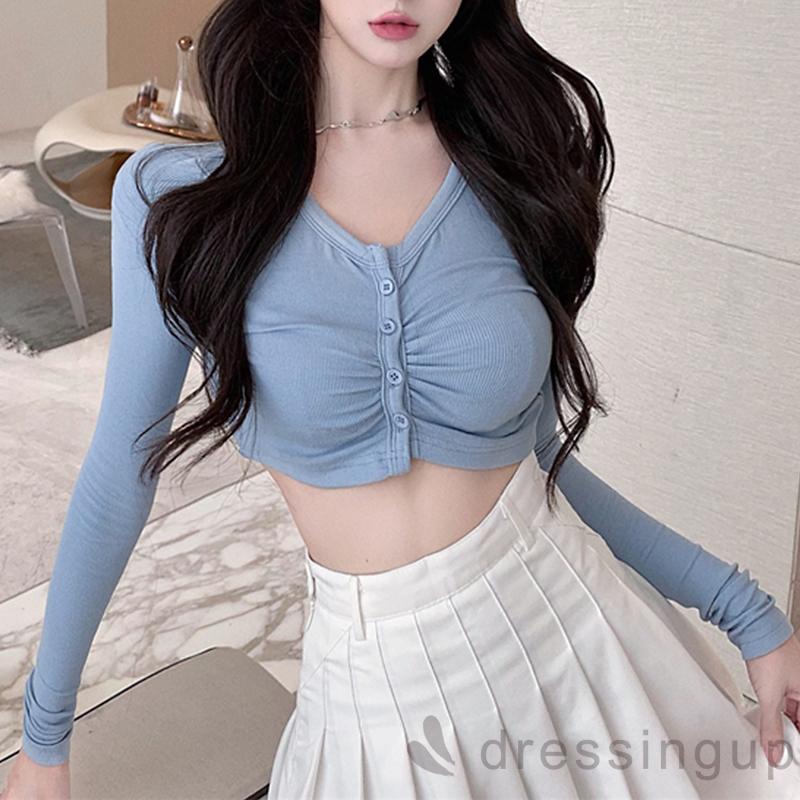 Áo thun ôm tay dài cổ tròn cài nút thời trang xuân thu cho nữ