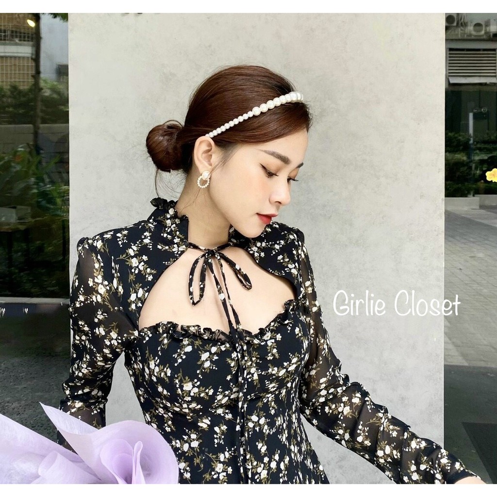 Jollie Dress - Đầm voan tay dài, họa tiết hoa nhí, form chữ A, có thắt nơ ở cổ xinh xắn