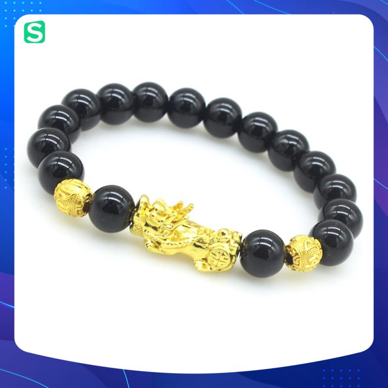 Vòng tay Tỳ Hưu hạt tròn mạ vàng,mang lại may mắn,tài lộc,Hạt đen đều, tròn,phát tài