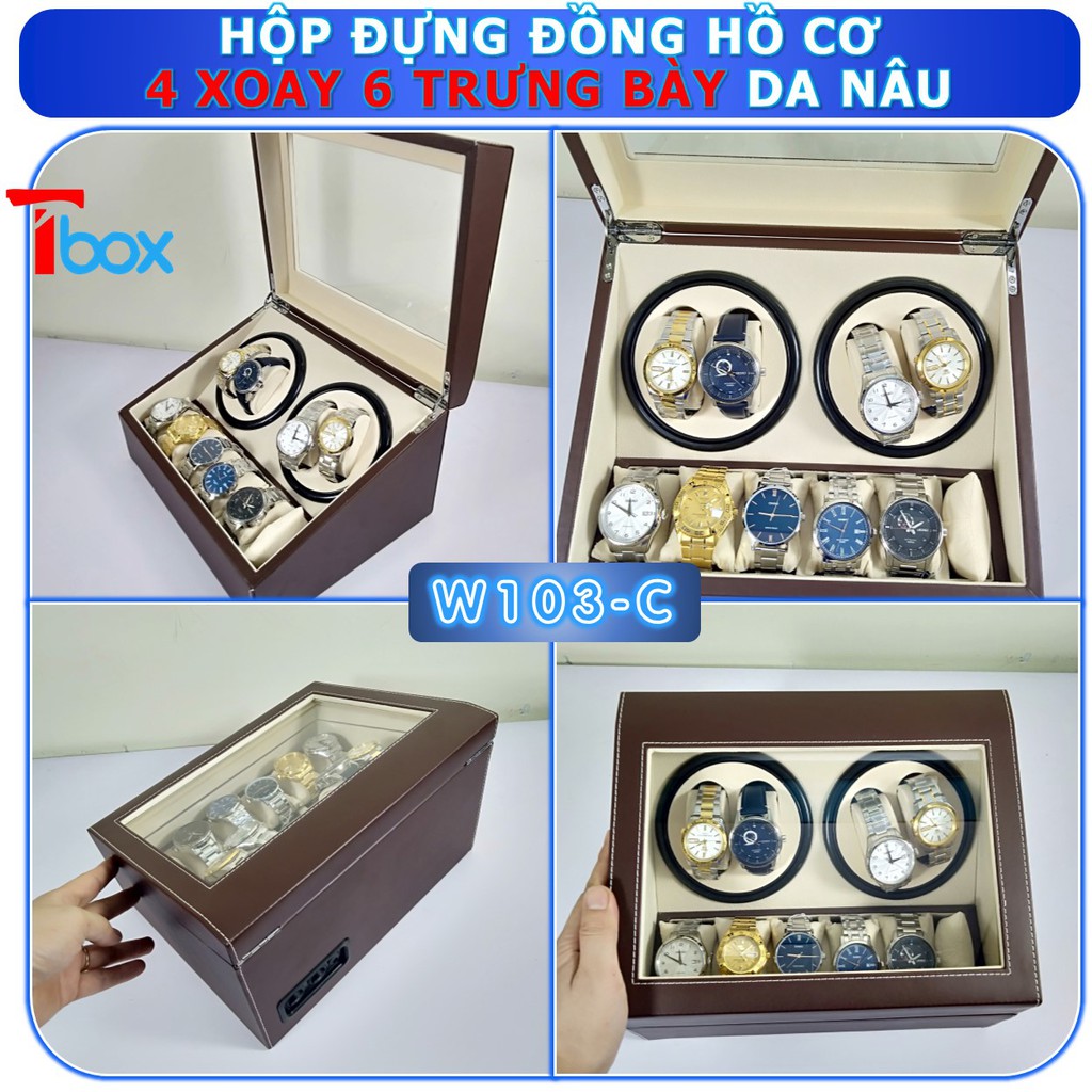 Hộp đựng đồng hồ cơ xoay tự động Tbox, nhiều mẫu hộp xoay đồng hồ cơ 4 xoay 6 bay  bọc da sang trọng mặt trên kính